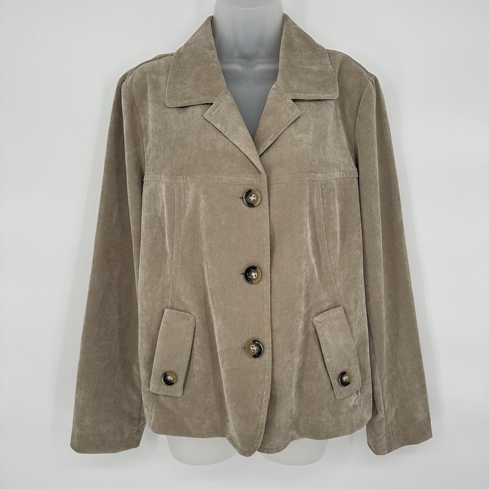 RQT Sz‎ L Jacket Y2K Tan 3 Button Front Solid Blazer Suit Jacket Classy Corduroy